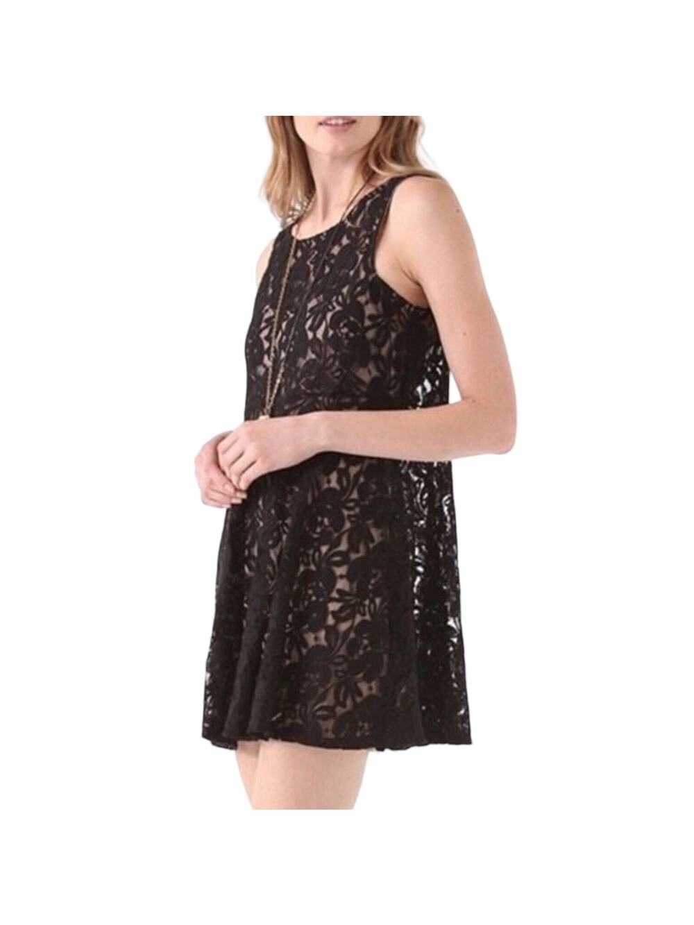 Free People Intimately XS Black Lace Floral Sheer Sleeveless Babydoll Mini Dress